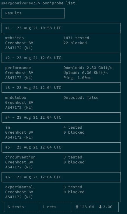 ooniprobe list command output