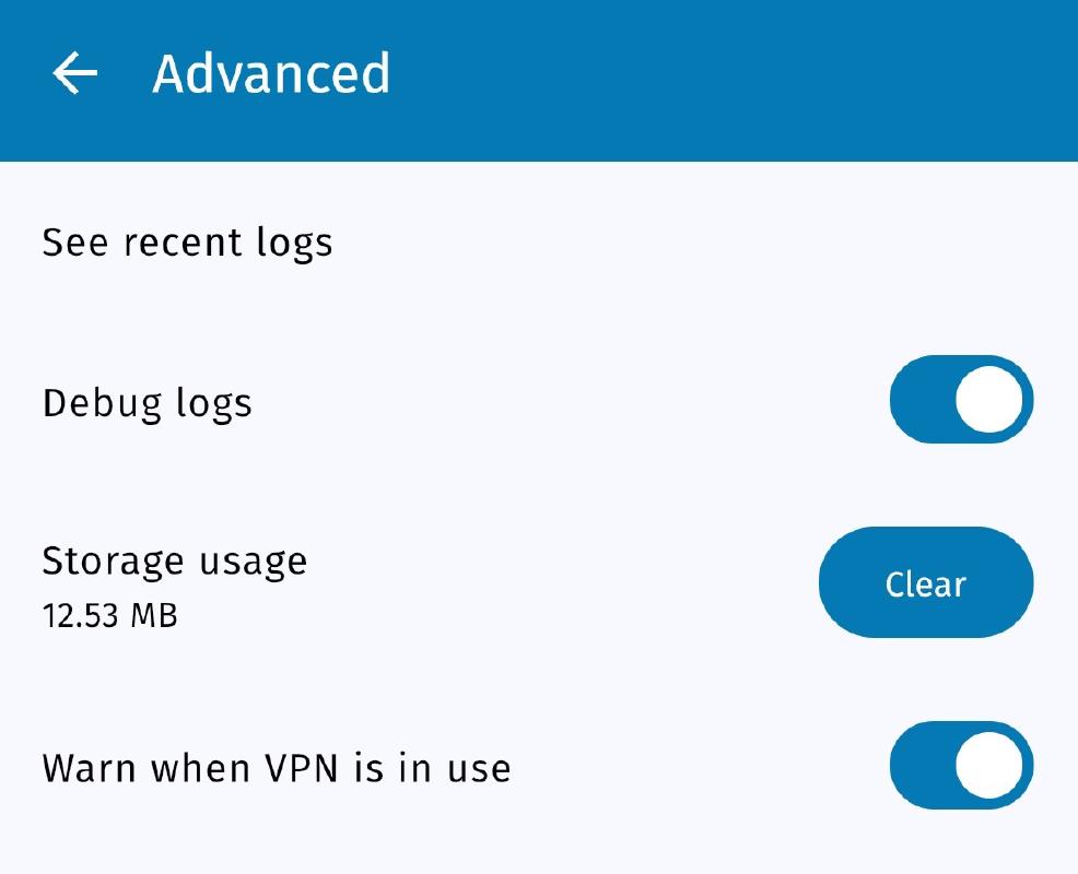 Debug logs and VPN disabled